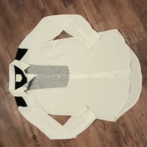 Maeve Sheer Fitted Navy Blue Grey Detailed Button Up Blouse A14